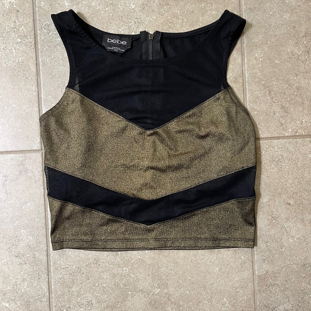 Bebe Black Mesh Metallic Gold Top Size Medium